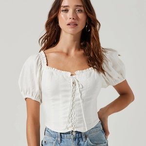 Lace Up Floral Puff Sleeve Top -white /Small